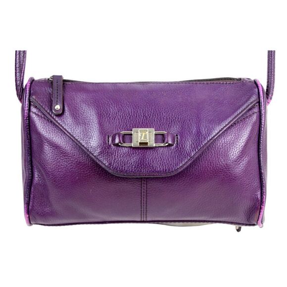 Tignanello PURPLE GENUINE LEATHER FLAP CROSSBODY ORGANIZER SHOULDER BAG HANDBAG - Picture 1 of 16